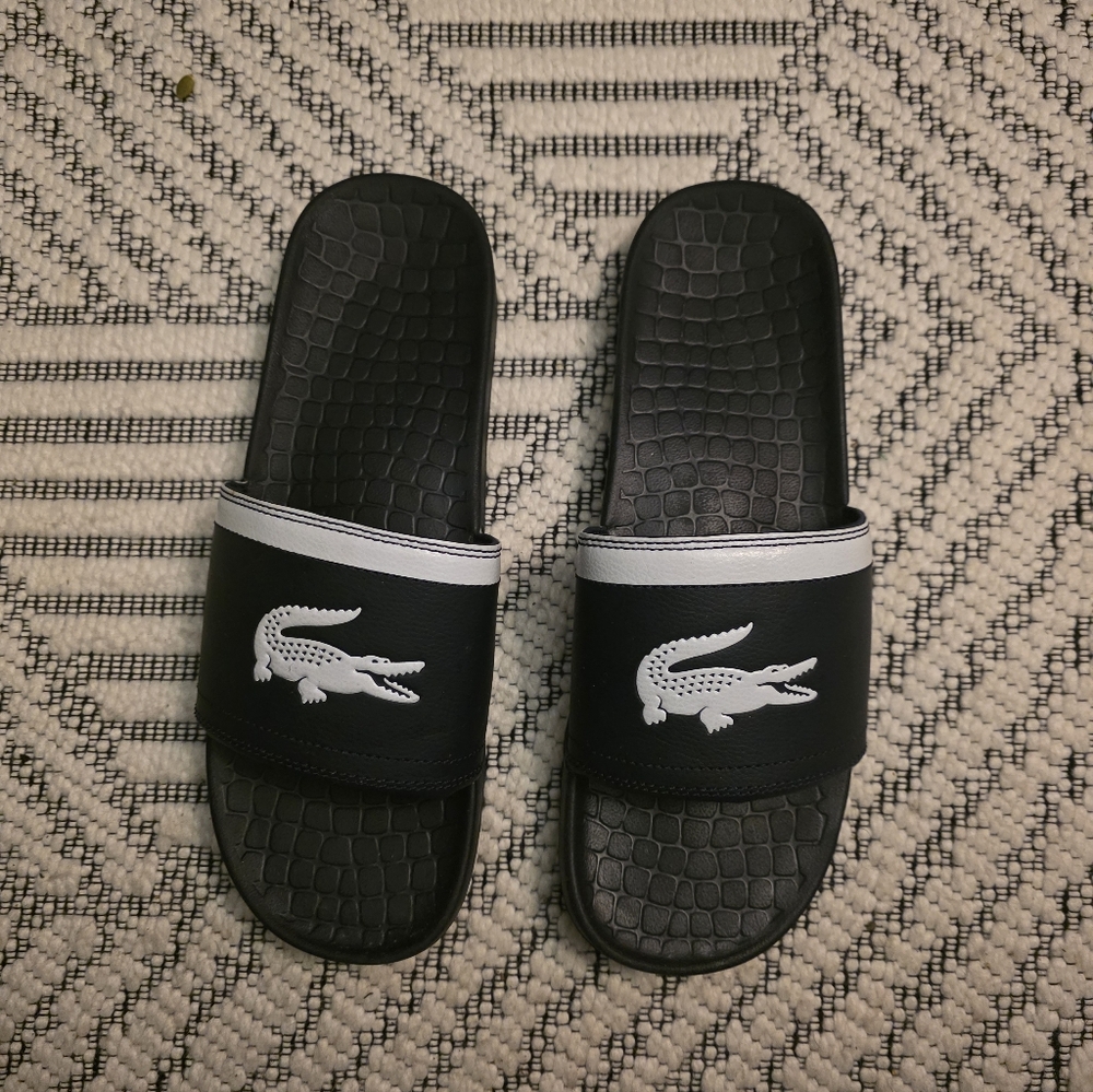 Lacoste Navy Blue Slides with White Crocodile Accent